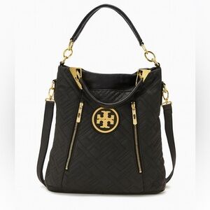 Tory Burch Marion Quilted Black Leather Tote with Gold Hardware